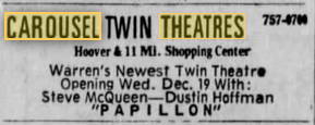 Carousel Twin Theatres - DEC 1973 OPENING AD